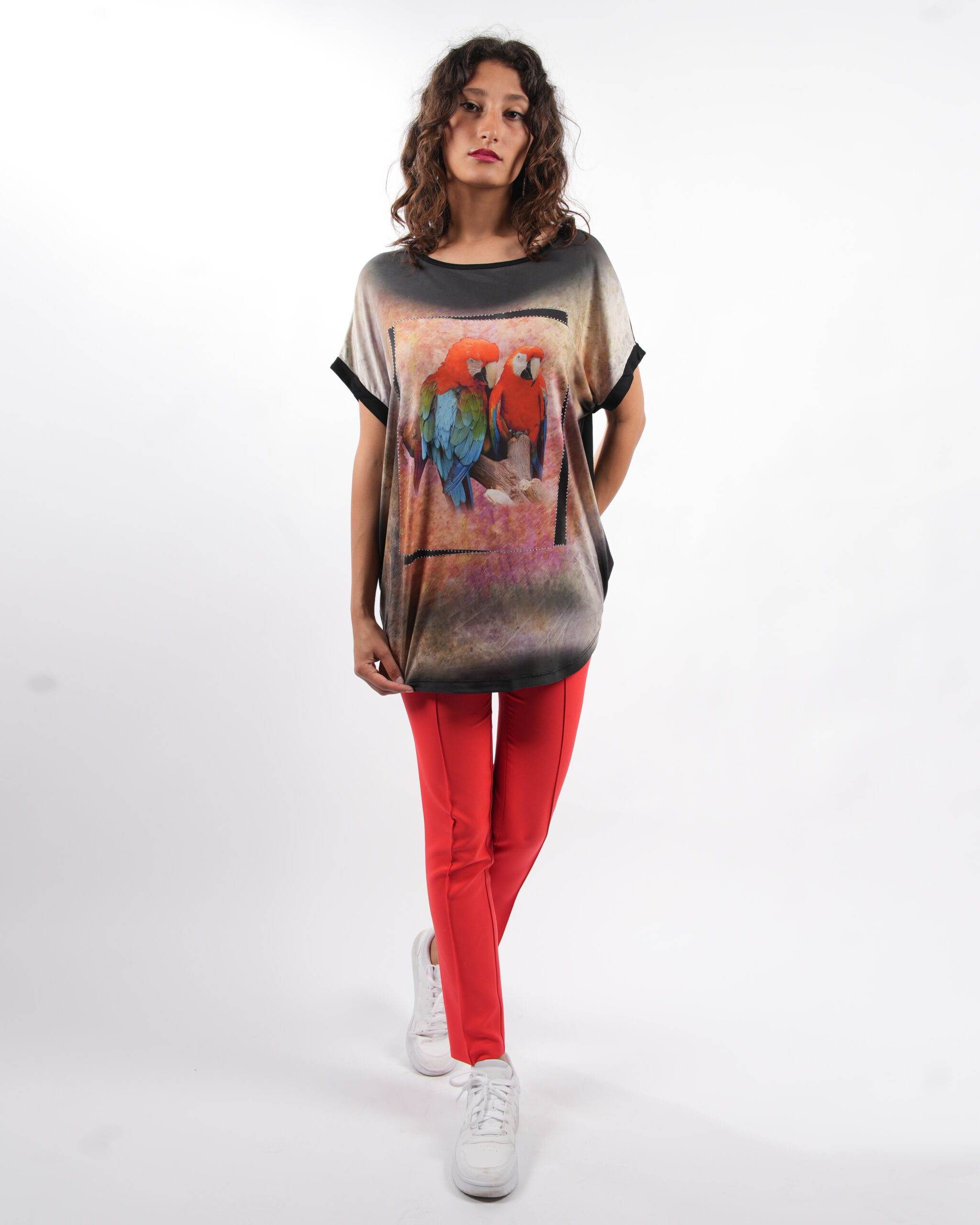 ONFASHION PAPAĞAN DESENLİ SİYAH PENYE TUNİK (38)