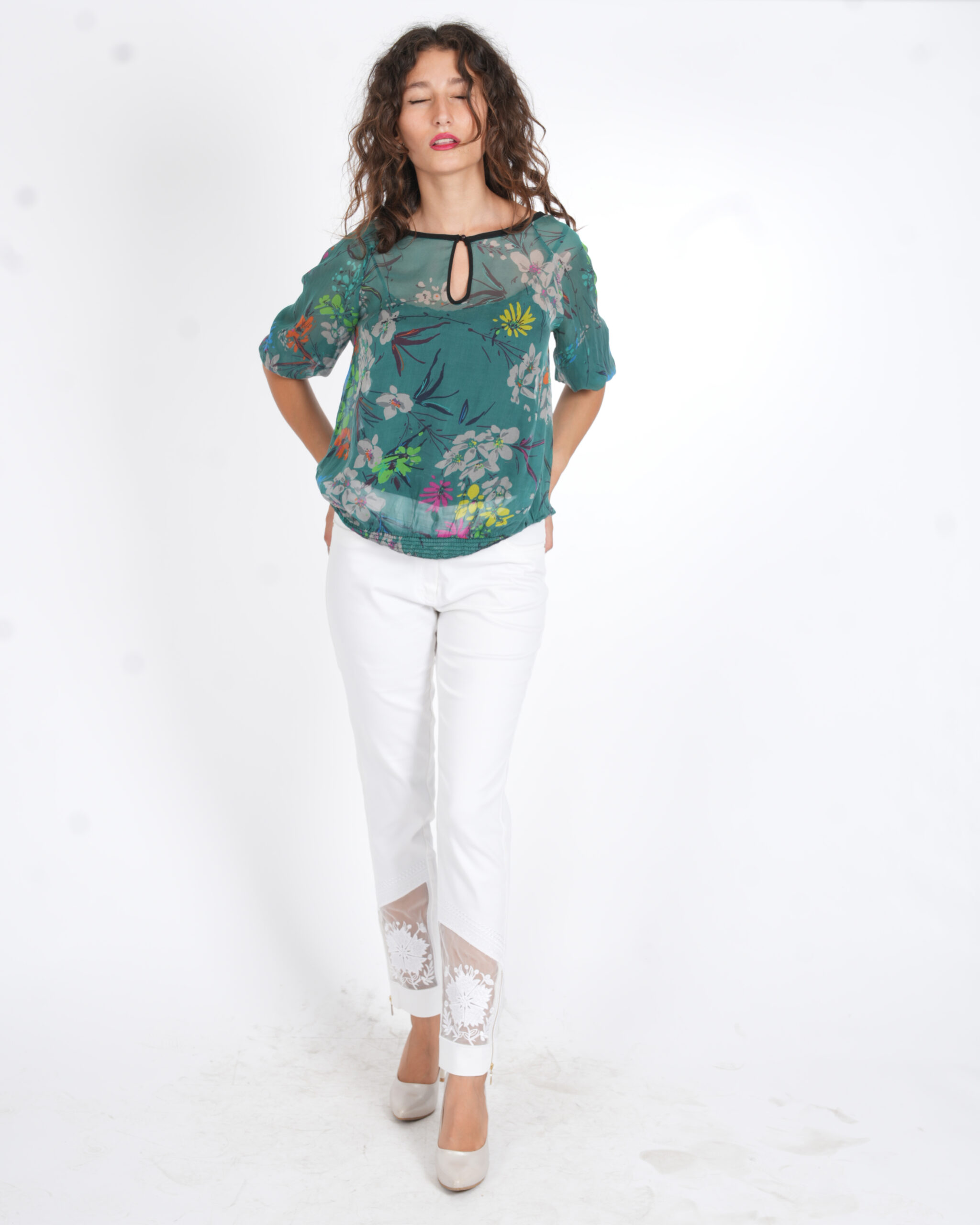 ZARA BASIC YEŞİL DESENLİ ŞİFON BLUZ (36)